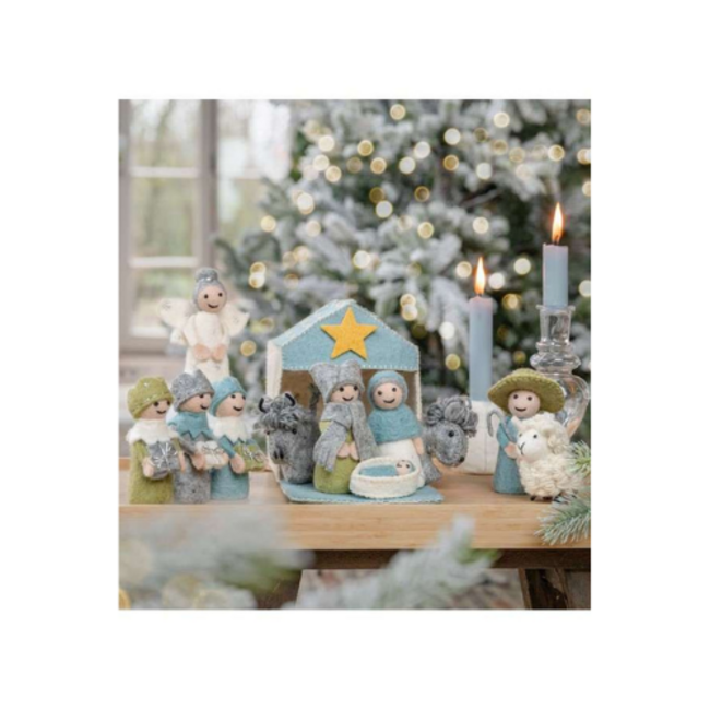 Sjaal met Verhaal Kerststal Ijsblauw-Wit