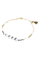 Bbubble Bracelet / blanc / love avec fil en perles rose, kaki et noir