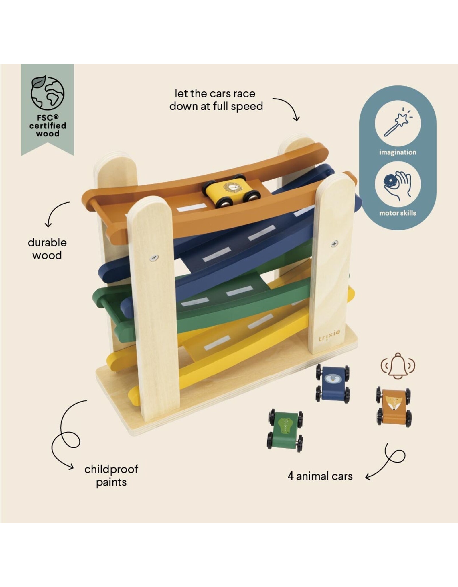 Trixie Rampe de course en bois avec 4 voitures