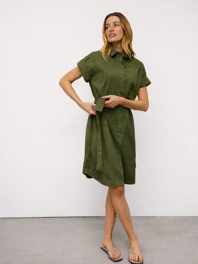 knee length dresses for ladies SOULIN 3/4 Sleeve Pintuck Linen Dress in White main image 0