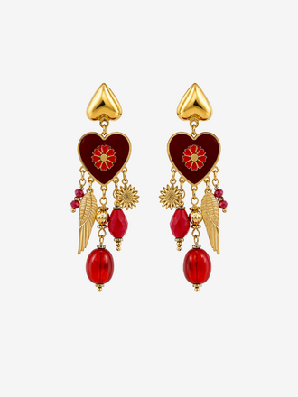 Lange oorbellen Hart en Vleugel rood