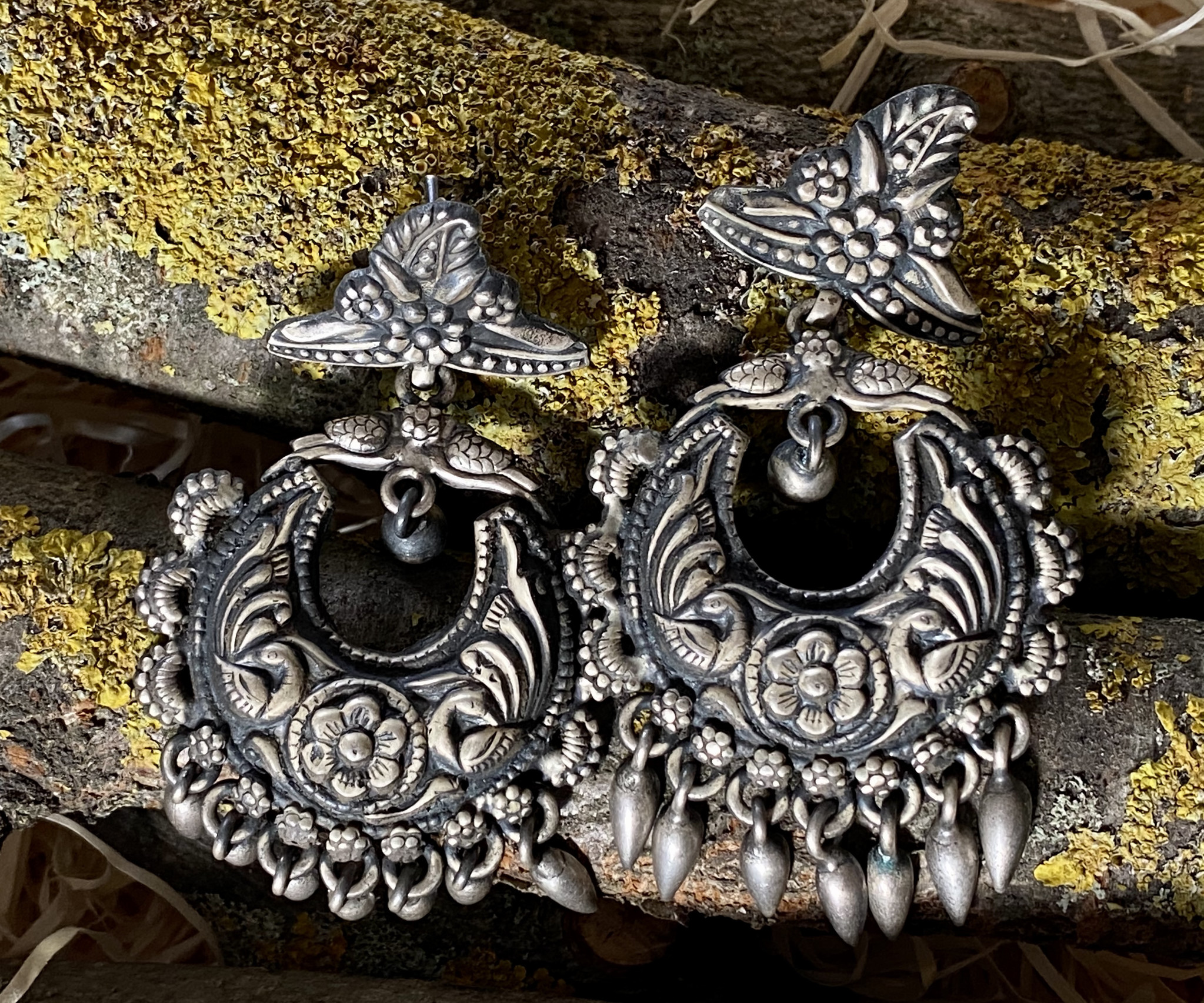 Latest Design Green Peacock Silver Gold Polish Kundan Earrings
