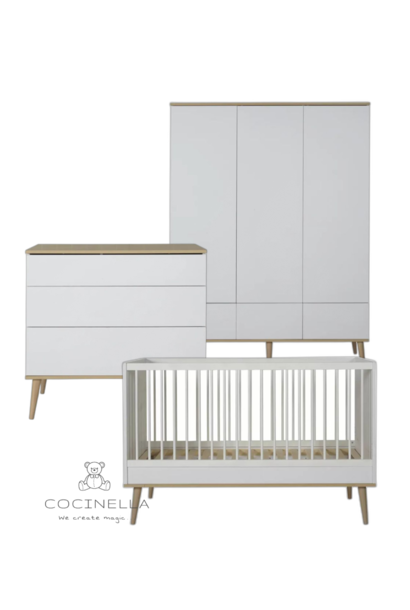 Lit 70x140cm + Commode + Armoire 3 porte  Flow Blanc