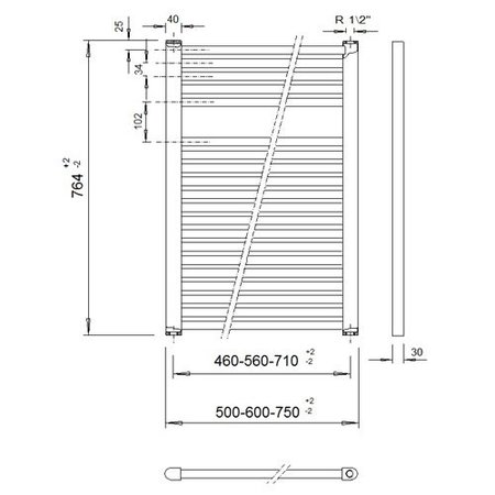 VeraLine Economy handdoekradiator 764 hoog x 600 breed