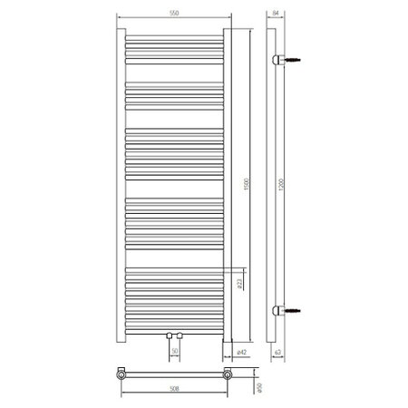 Thermrad Tone 1500 hoog x 550 breed - matzwart
