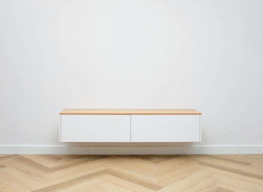 Over instelling Enten Opera Zwevend Tv meubel met 2 kleppen wit en eiken blad - Style serie - Grootste  collectie Tv meubels op maat | Tv-meubels.nl