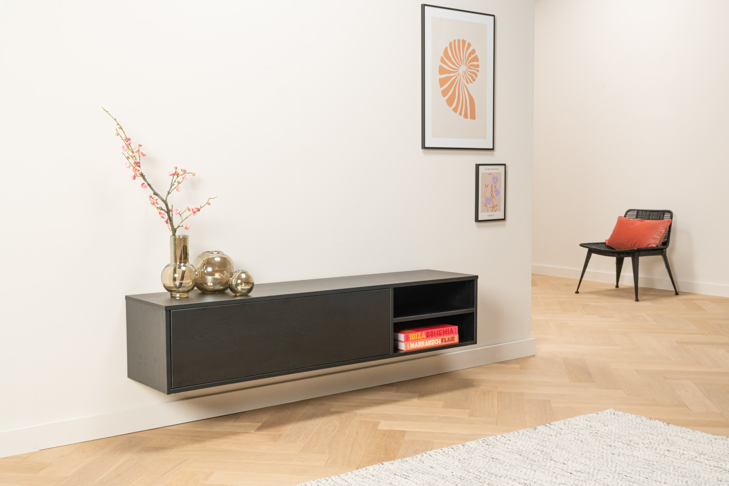 Zwevend tv meubel met open vak in zwart eiken - Style serie - Grootste  collectie Tv meubels op maat | Tv-meubels.nl