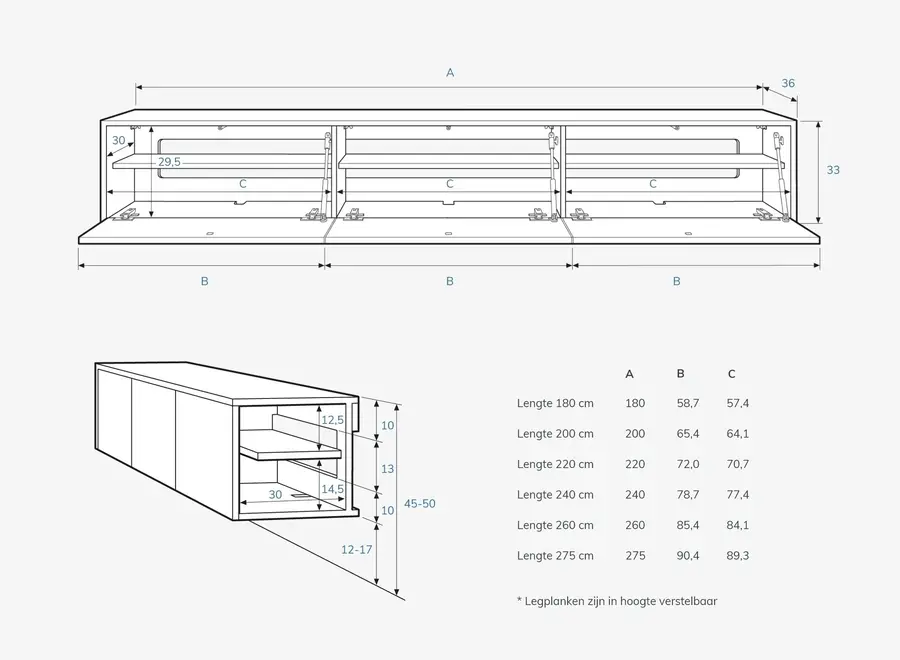 Style zwevend tv meubel met 3 kleppen zwart eiken