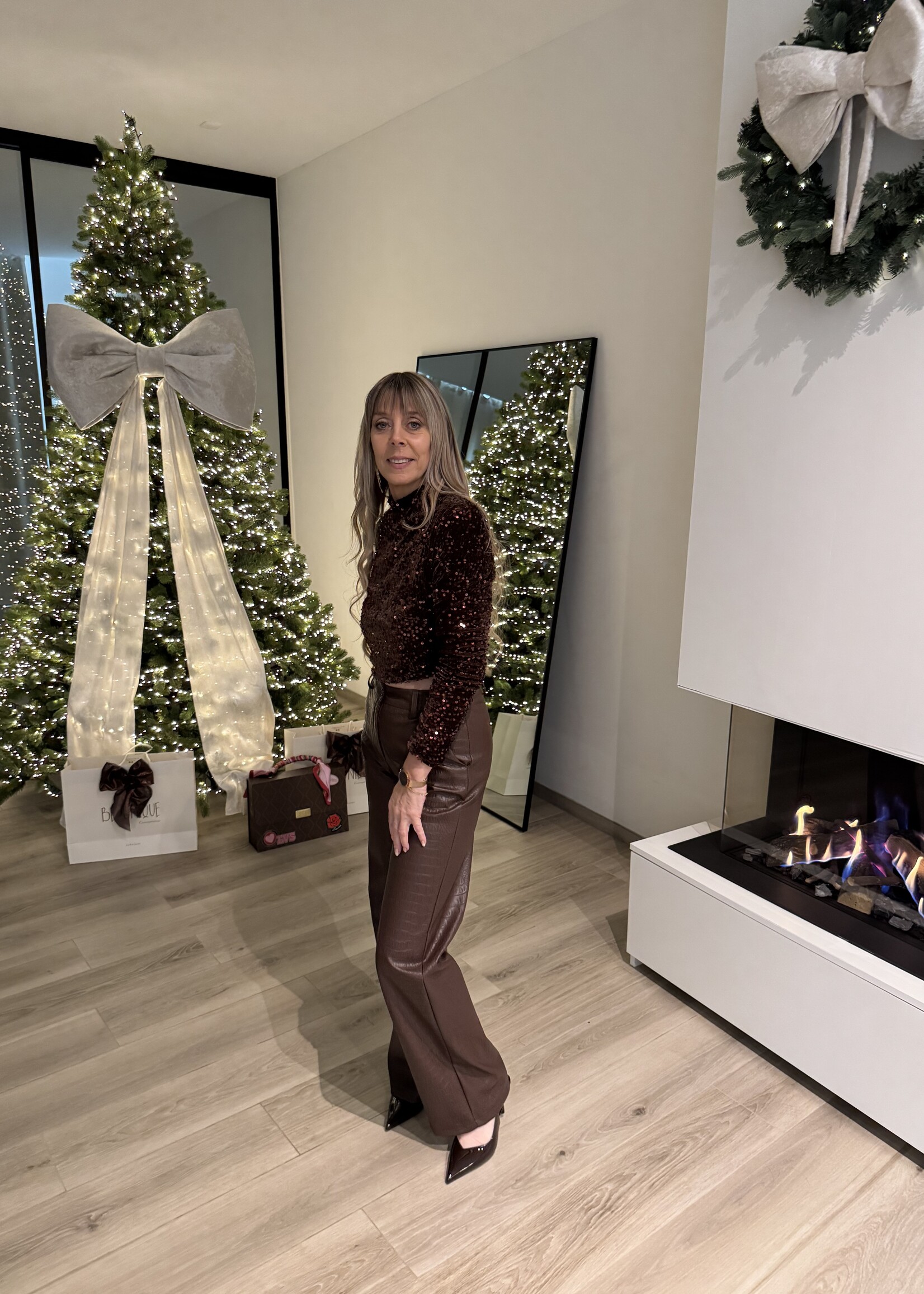 Kiara faux croco leather look trousers - Dark brown