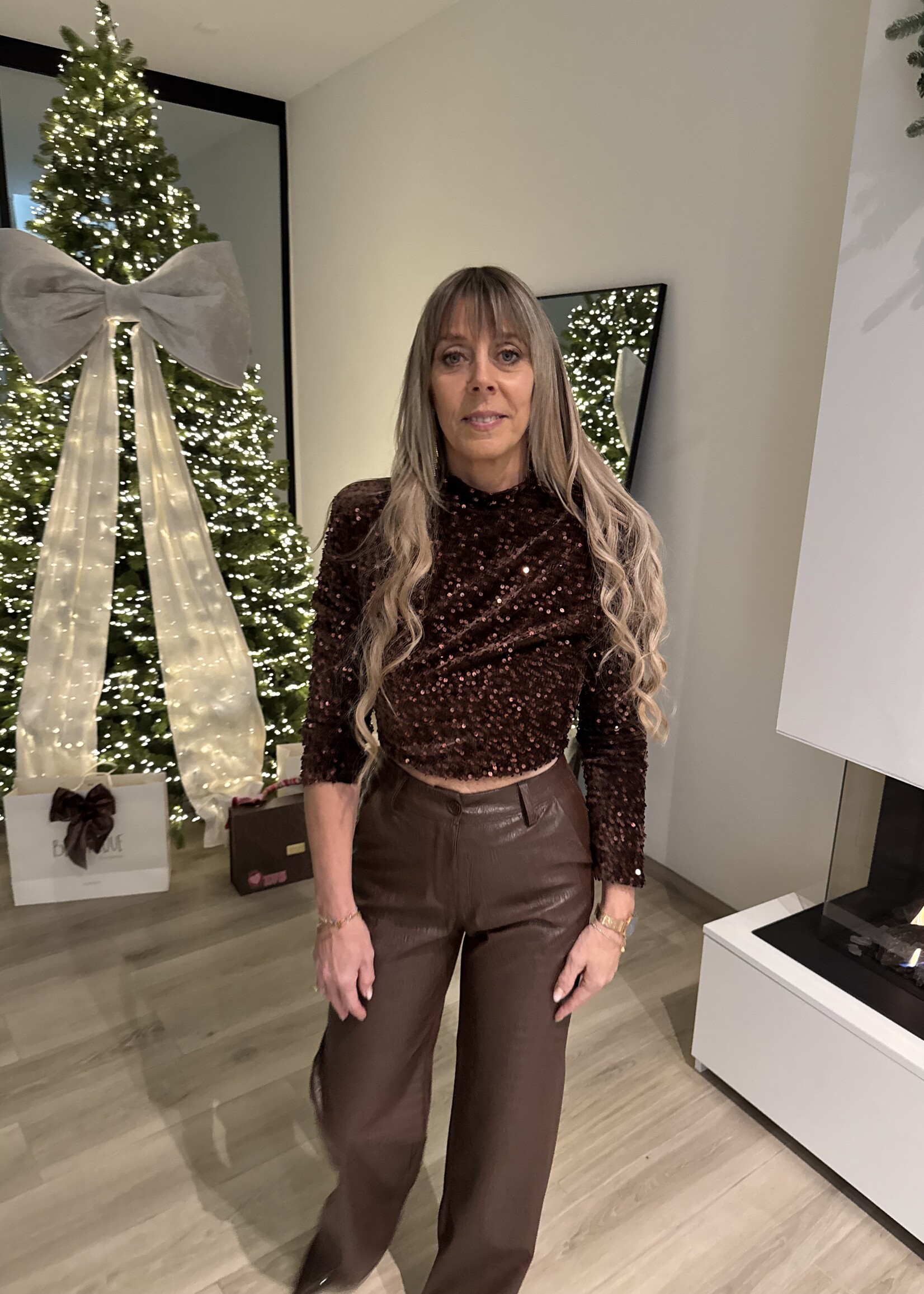 Kiara faux croco leather look trousers - Dark brown