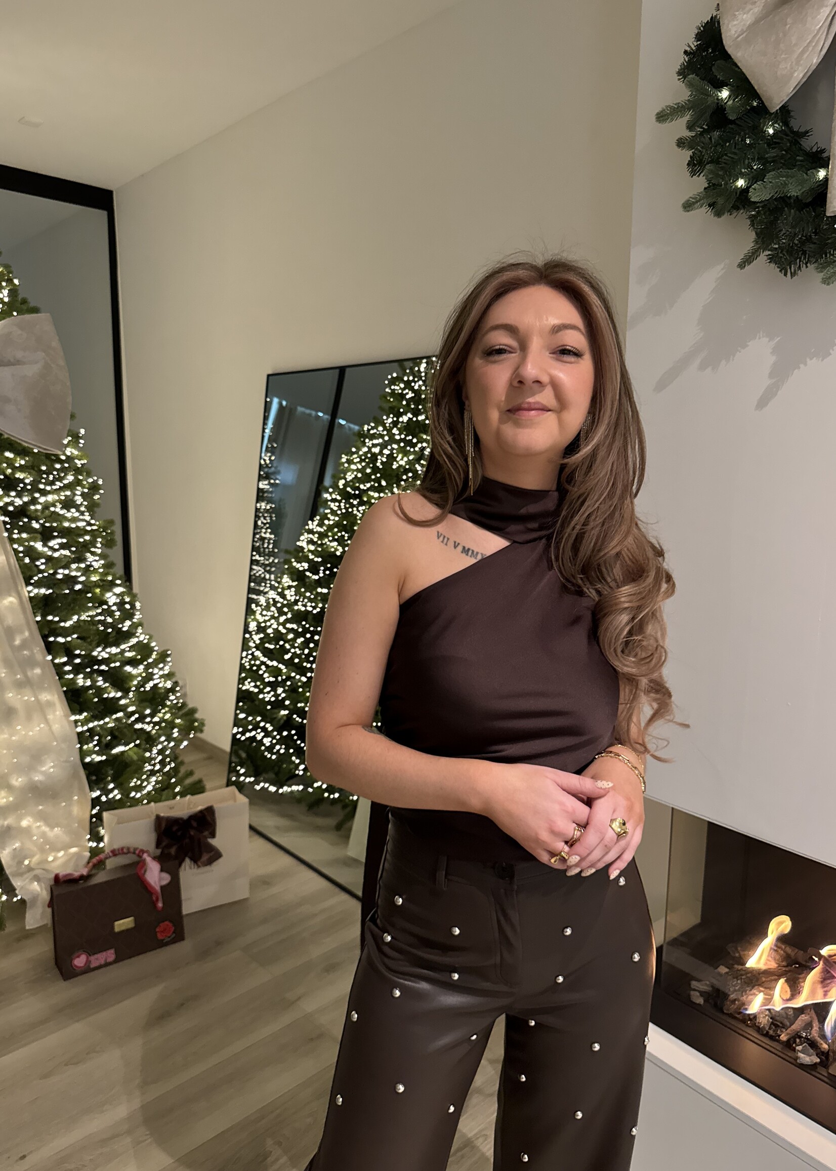 Fin Satin top detail scarf - Dark brown