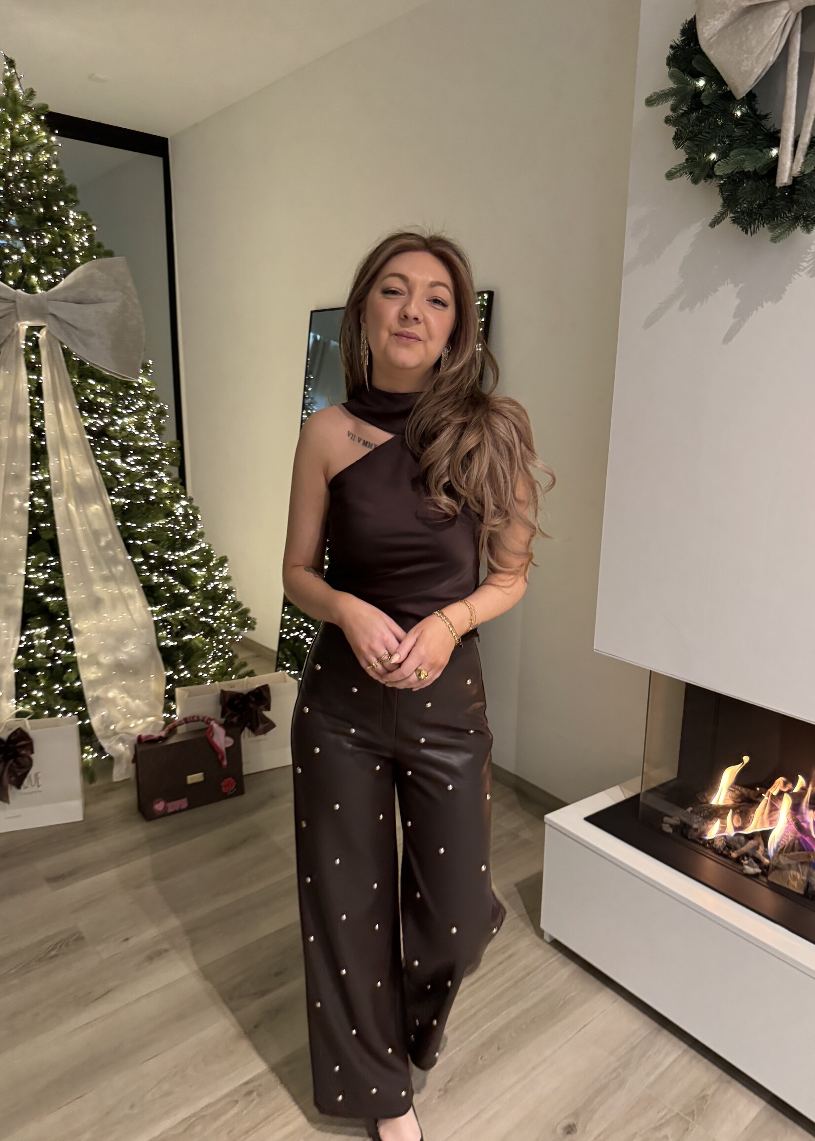 Fin Satin top detail scarf - Dark brown