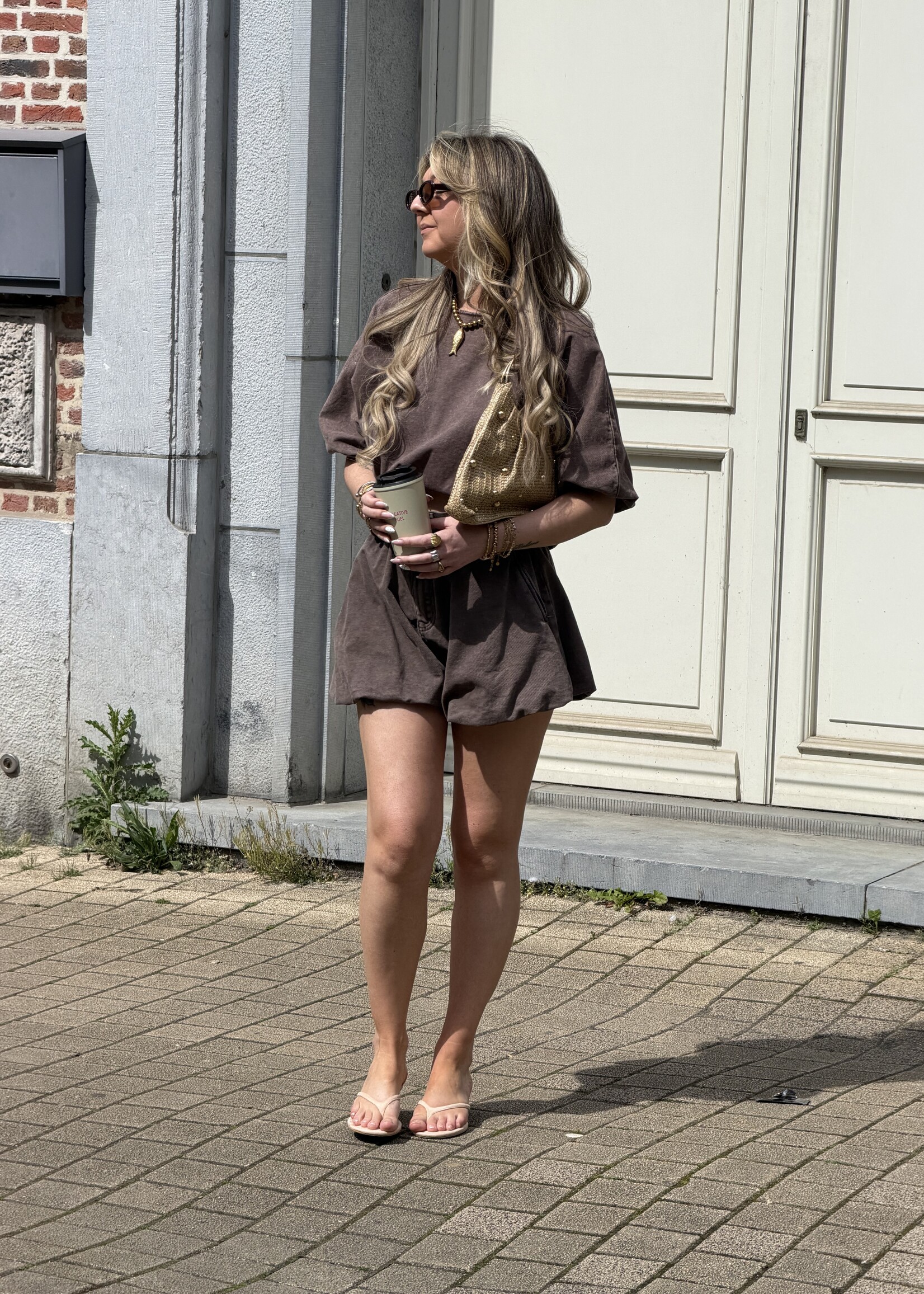 Balloon denim short - Brown