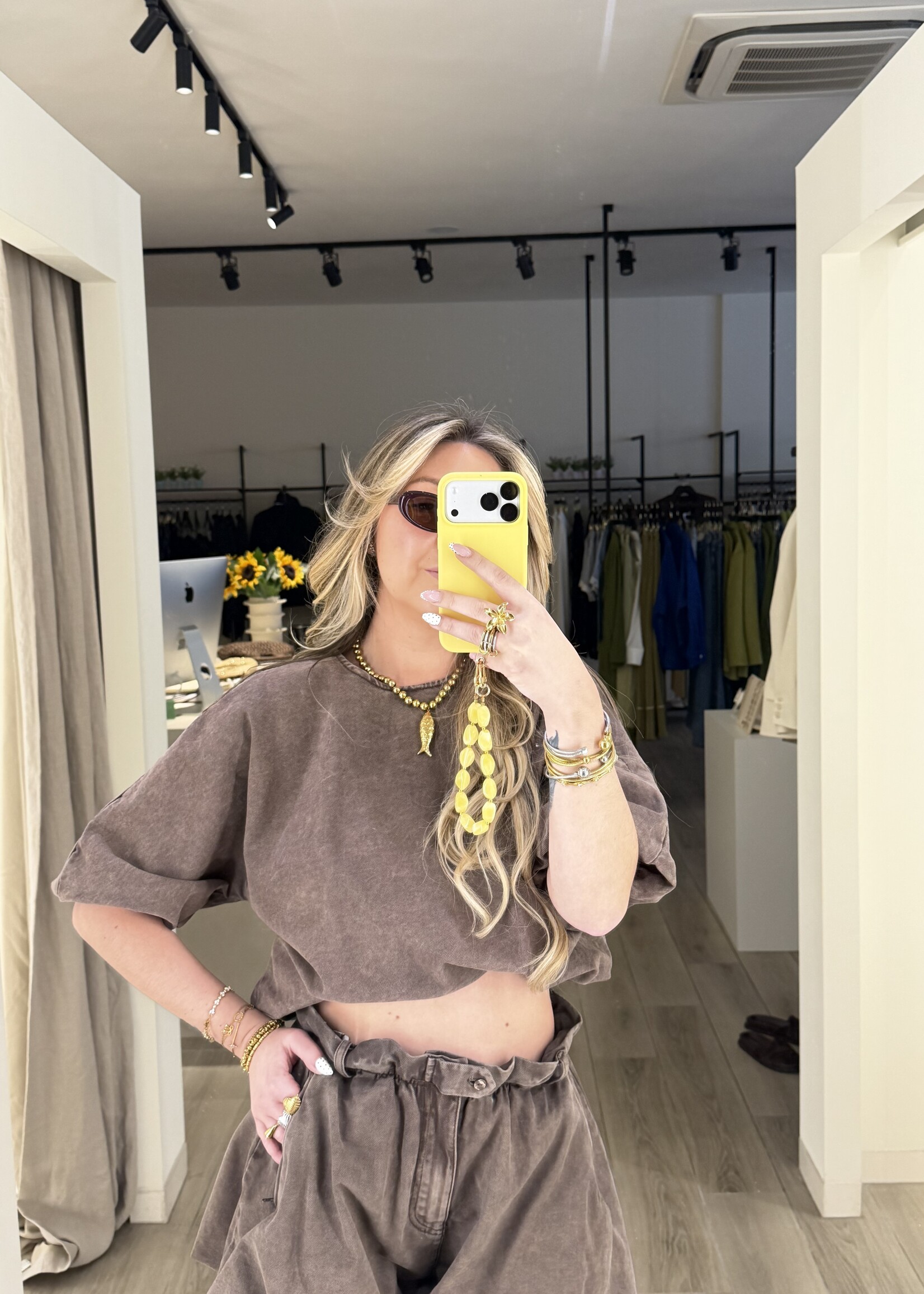 Balloon denim top - Brown