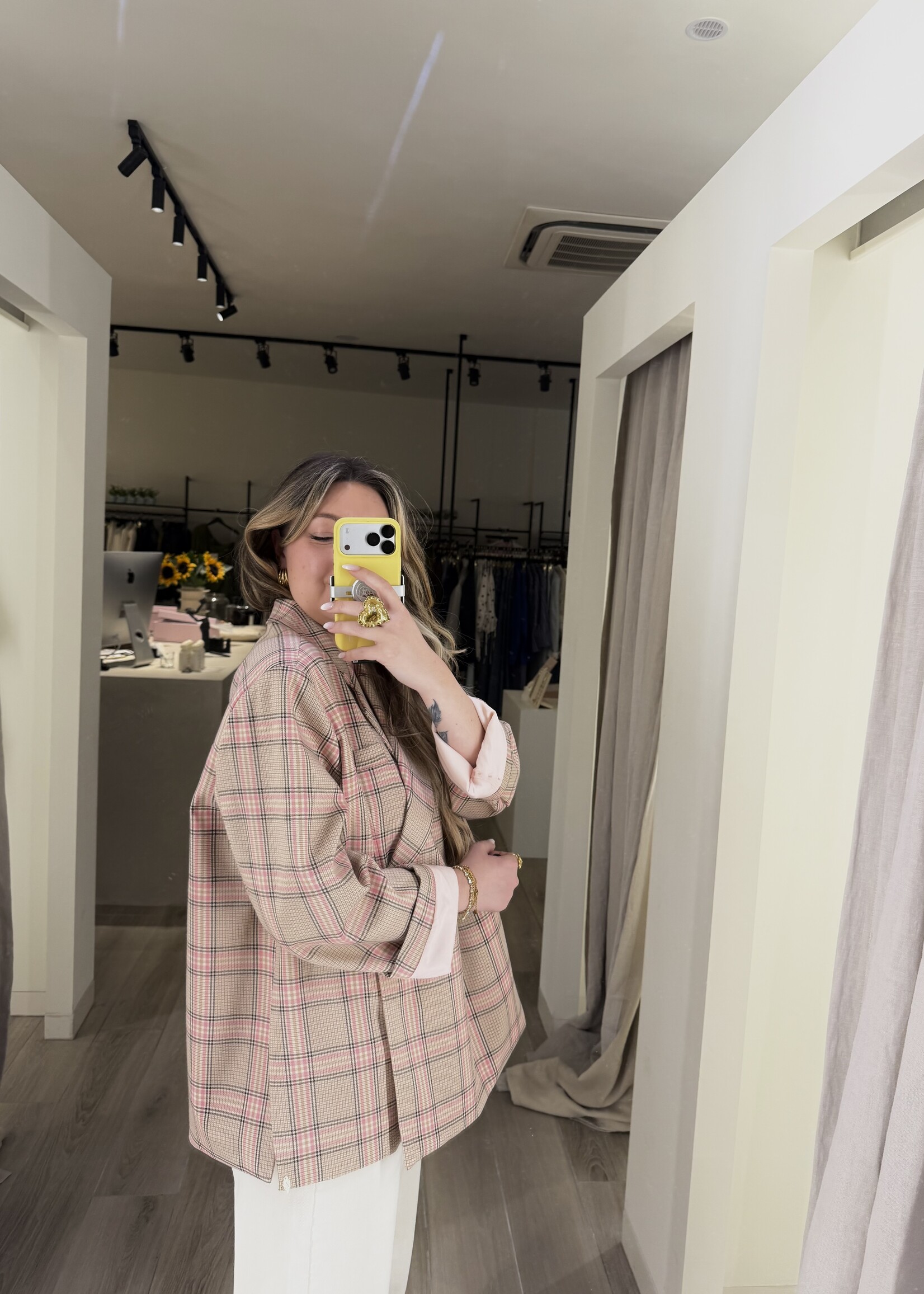 Yasmin oversized signature check blazer - Pink/Beige TU