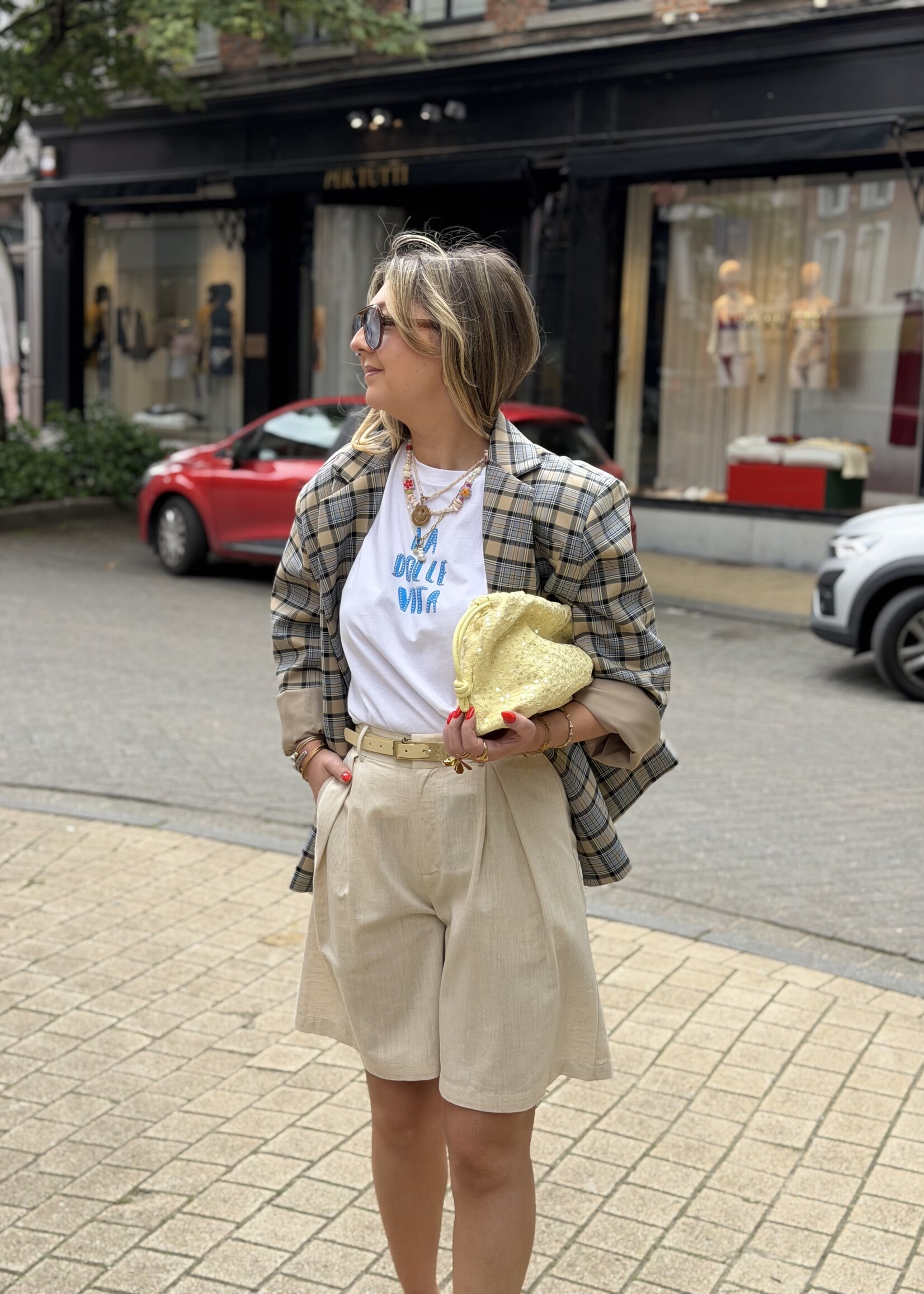 Yasmin oversized signature check blazer - Beige / Blue TU