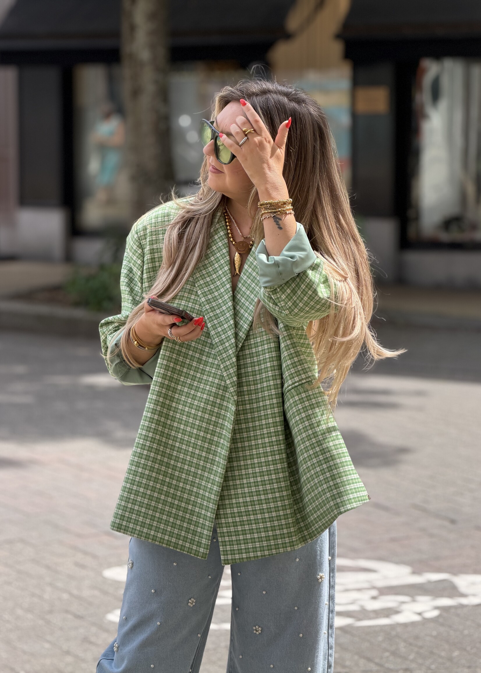 Jasmin oversized signature check blazer - Green/White  TU