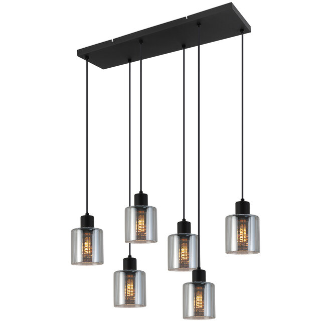 PURPL Moderne Design Hanglamp | 6-Lichts | Smoke Glas | Zwart | E27 Fittingen | Rechthoekig