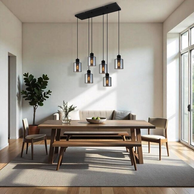 PURPL Moderne Design Hanglamp | 6-Lichts | Smoke Glas | Zwart | E27 Fittingen | Rechthoekig