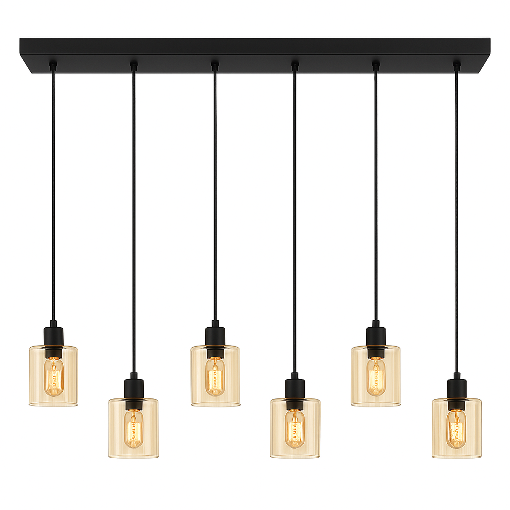 PURPL Moderne Design Hanglamp | 6-Lichts | Amber Glas | Zwart | E27 Fittingen | Rechthoekig