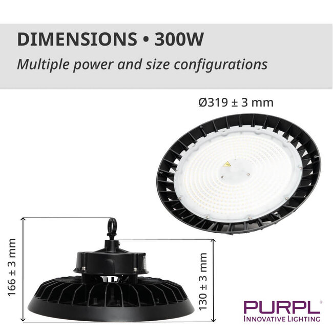 PURPL LED High Bay G7 | 300W | 45.000 lm | 150 lm/W | 4000K Helder Wit | 110° | IP65 | IK10 | Dimbaar | Flikkervrij