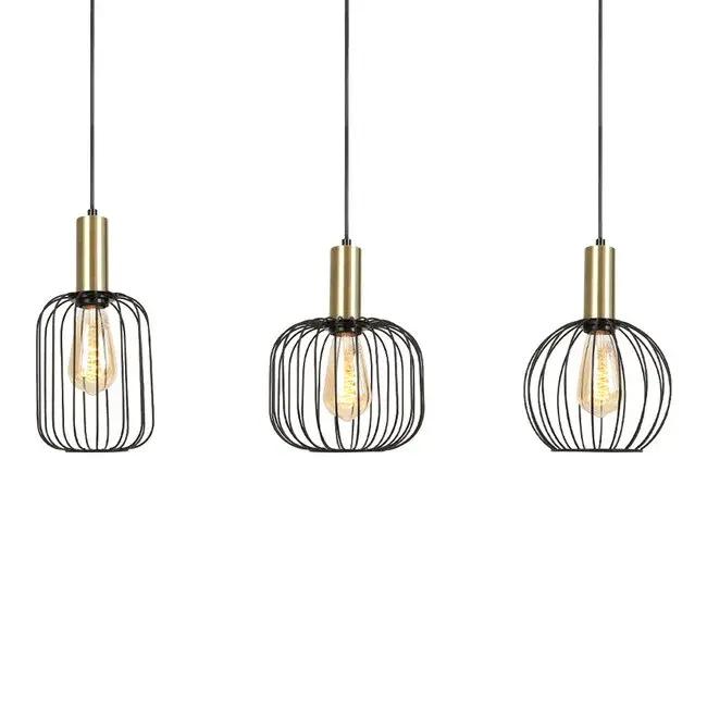 PURPL Design Hanglamp Industrieel | 3-Lichts | Zwart met Goud | E27 fittingen | Rechthoekig