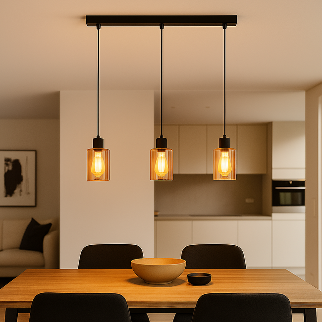PURPL Moderne Design Hanglamp | 3-lichts | Amber Glas | Zwart | E27 Fittingen | Rechthoekig