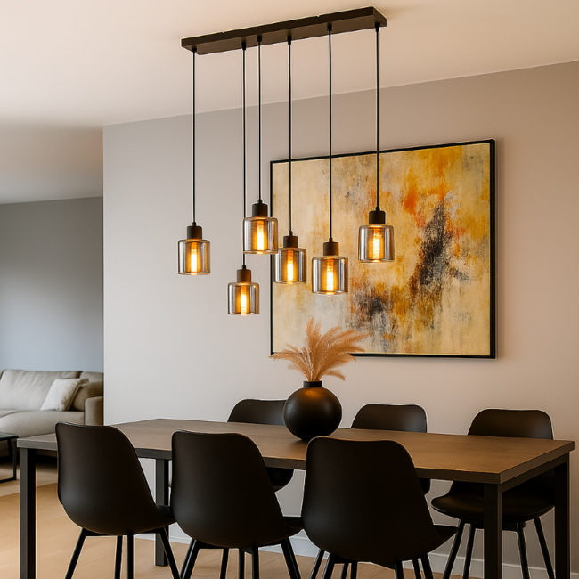 PURPL Moderne Design Hanglamp | 6-Lichts | Smoke Glas | Zwart | E27 Fittingen | Rechthoekig