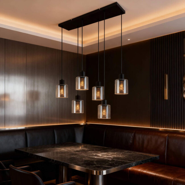 PURPL Moderne Design Hanglamp | 6-Lichts | Smoke Glas | Zwart | E27 Fittingen | Rechthoekig