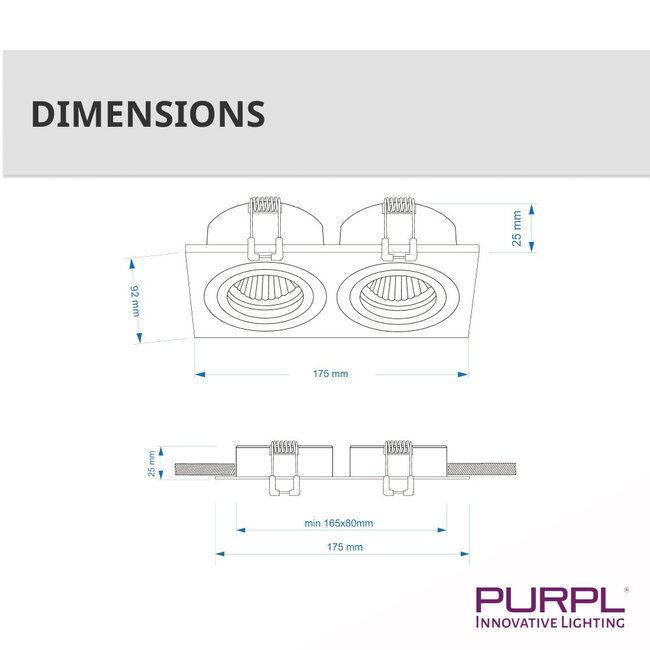 PURPL Inbouwspot Dubbel | GU10 | Zwart | 175x92mm | Rechthoekig | Aluminium | IP20