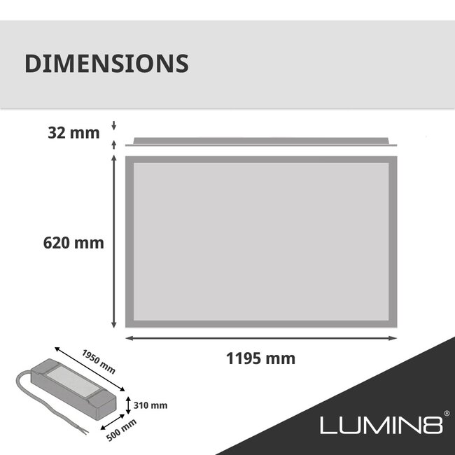 Lumin8 LED Paneel 60x120 | 60W | CCT (2700K-6500K) | 100 lm/W | UGR<22 | IP40 | Flikkervrij | Back-lit