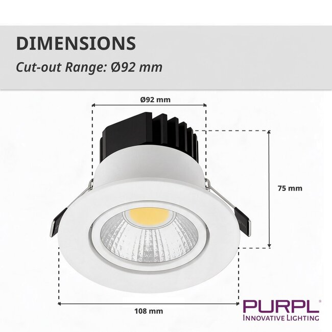 PURPL LED Inbouwspot COB | 7W | 2700K Warm Wit | Ø108 mm | IP40 | Wit | Kantelbaar | Rond