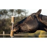 Luzerne knabbelblokken aan speeltouw met houtschijven voor paarden