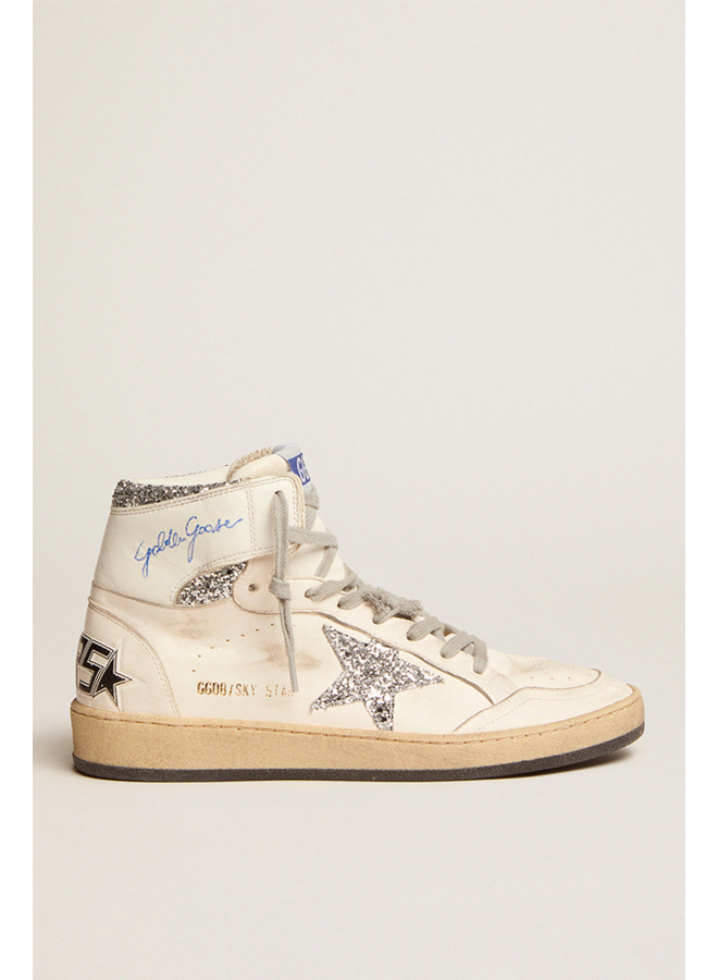 GOLDEN GOOSE  SKY STAR NAPPA UPPER WITH SERIGRAPH GLITTER STAR AND ANKLE WHITE/SILVER