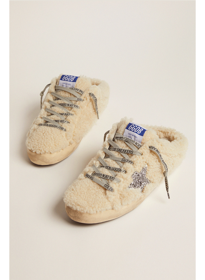 GOLDEN GOOSE  SUPER-STAR SABOT SHEARLING UPPER GLITTER STAR NATURAL WHITE/SILVER