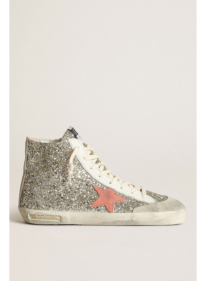 GOLDEN GOOSE  FRANCY PENSTAR GLITTER UPPER NAPPA LACING SUEDE STAR AND LIST PLATINUM/ICE/DARK ROSE