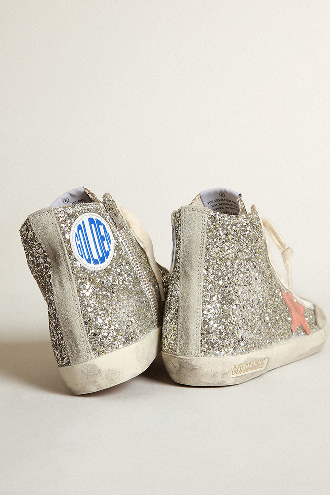 GOLDEN GOOSE FRANCY PENSTAR GLITTER UPPER NAPPA LACING SUEDE STAR AND LIST  PLATINUM/ICE/DARK ROSE - Camelot