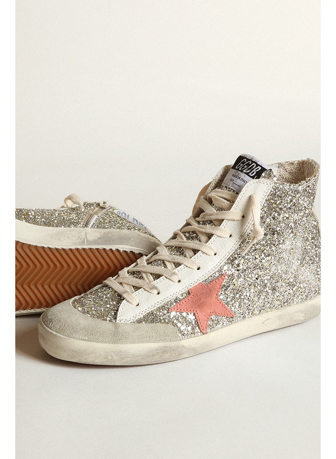 GOLDEN GOOSE  FRANCY PENSTAR GLITTER UPPER NAPPA LACING SUEDE STAR AND LIST PLATINUM/ICE/DARK ROSE