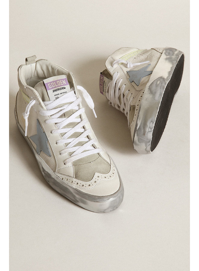 GOLDEN GOOSE  MID STAR NAPPA UPPER LEATHER STAR NAPPA WAVE WITH SERIGRAPH SUEDE HEEL SPARKLE WHITE/ICE/BLUE FOG/LIGHT YELLOW