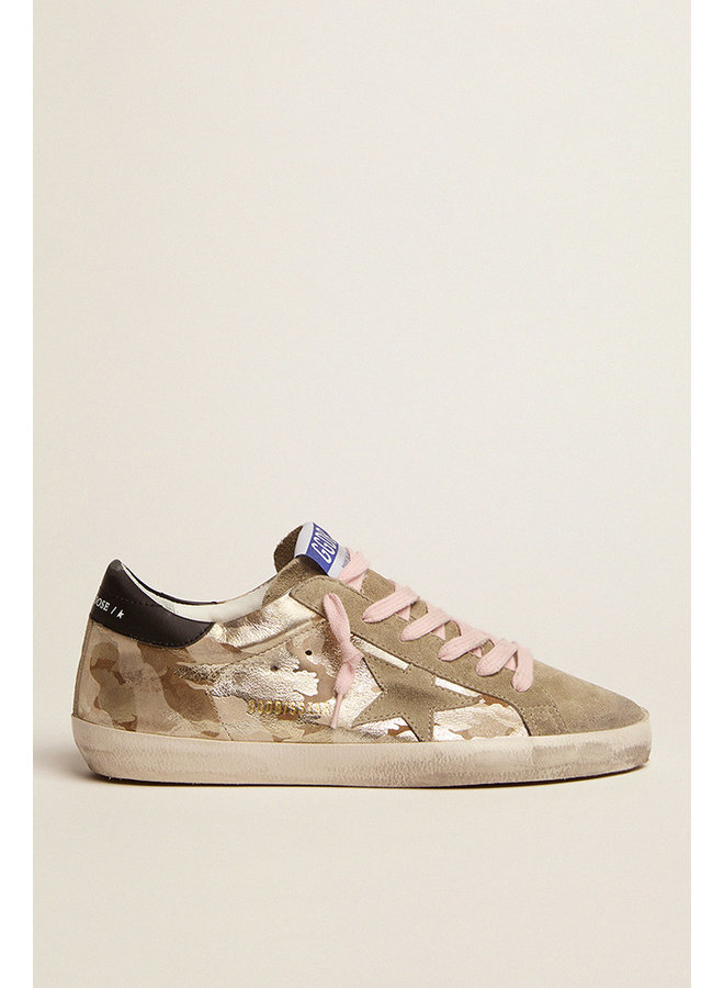 GOLDEN GOOSE  SUPER-STAR LAMINATED CAMOUFLAGE PRINT LEATHER SUEDE TOE AND STAR LEATHER HEEL ICE GREY CAMU/TAUPE/BLACK