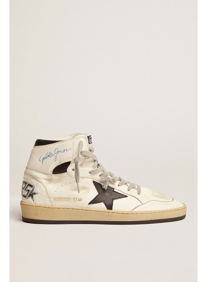 GOLDEN GOOSE  SKY STAR SHINY UPPER AND SPUR LAMINATED VINTAGE LEATHER STAR NYLON TONGUE BLACK/RED