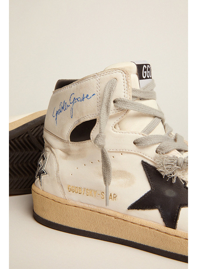 GOLDEN GOOSE  SKY STAR SHINY UPPER AND SPUR LAMINATED VINTAGE LEATHER STAR NYLON TONGUE BLACK/RED