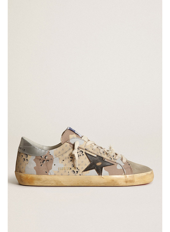 GOLDEN GOOSE SUPER-STAR DESERT CAMOUFLAGE RIPSTOP UPPER SUEDE TOE SHINY LEATHER STAR LAMINATED HEEL DESERT CAMOUFLAGE/TAUPE/BLACK/SILVER