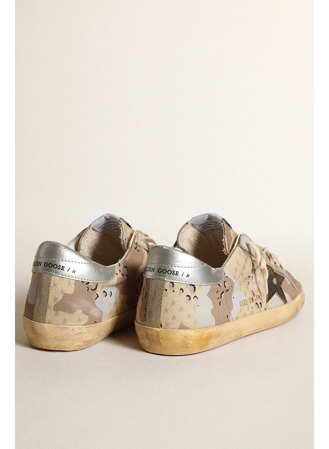 GOLDEN GOOSE SUPER-STAR DESERT CAMOUFLAGE RIPSTOP UPPER SUEDE TOE SHINY LEATHER STAR LAMINATED HEEL DESERT CAMOUFLAGE/TAUPE/BLACK/SILVER
