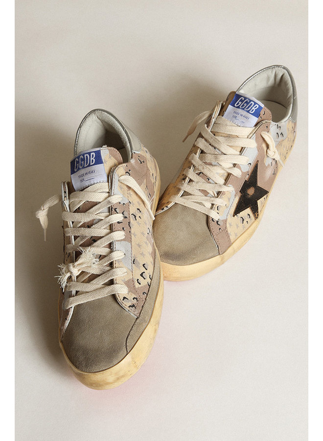 GOLDEN GOOSE SUPER-STAR DESERT CAMOUFLAGE RIPSTOP UPPER SUEDE TOE SHINY LEATHER STAR LAMINATED HEEL DESERT CAMOUFLAGE/TAUPE/BLACK/SILVER