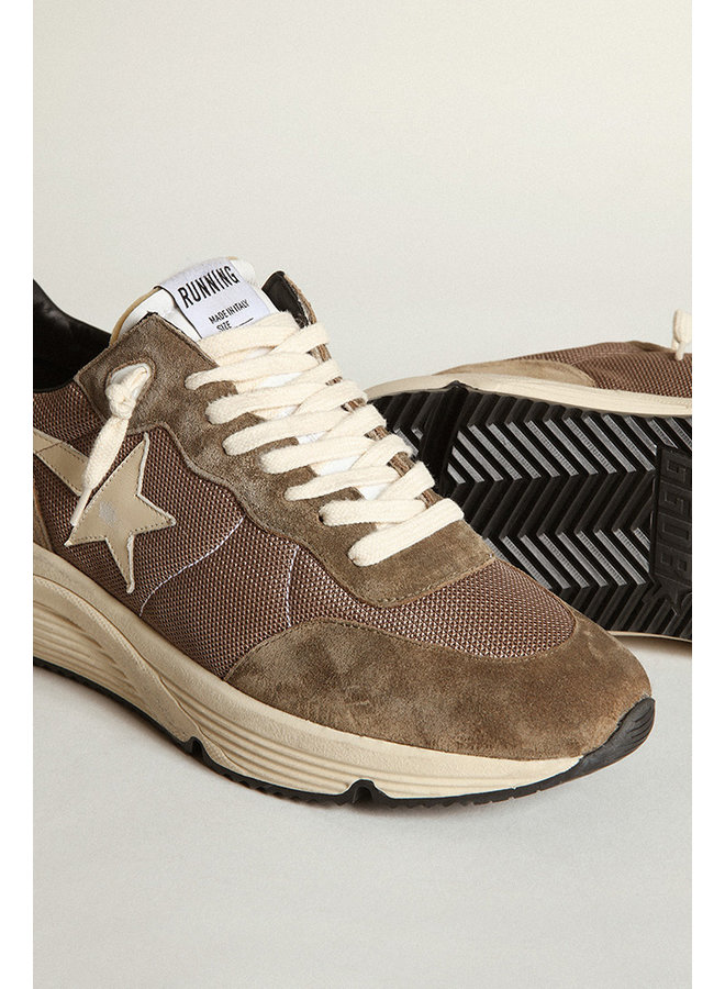 GOLDEN GOOSE RUNNING SOLE NET UPPER AND TOE BOX LEATHER TOE STAR SPUR AND HEEL OLIVE GREEN/CREAM