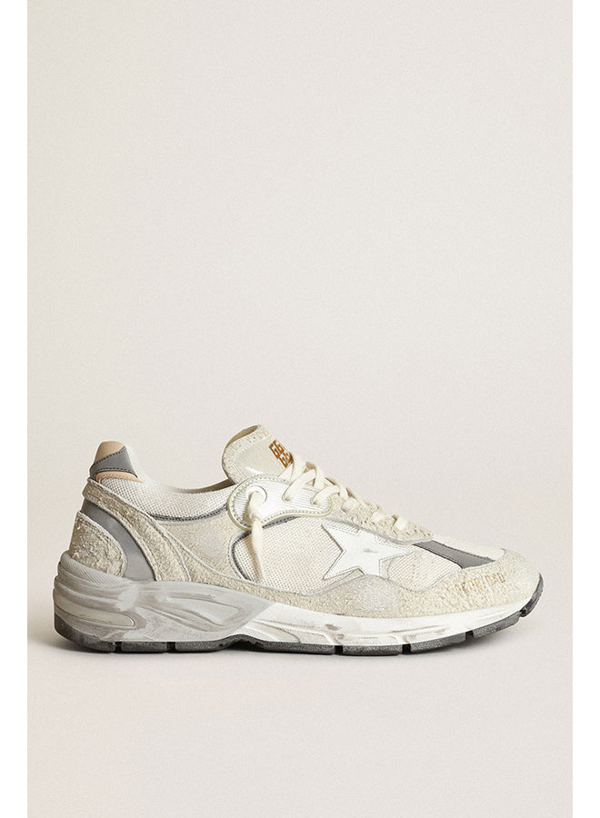 GOLDEN GOOSE RUNNING DAD NET AND SUEDE UPPER LEATHER STAR AND HEEL SUEDE SPUR WHITE/SILVER