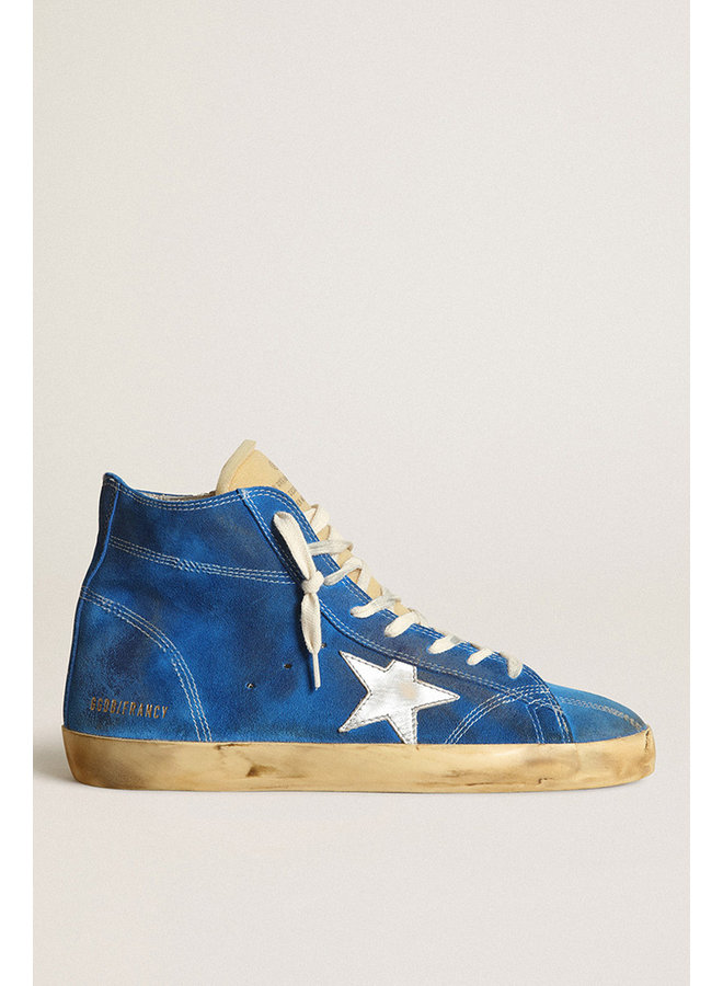 GOLDEN GOOSE FRANCY SUEDE UPPER AND LIST FOAM TOUNGUE LAMINATED STAR AND LIST STITCHINGS BLUE/YELLOW/SILVER