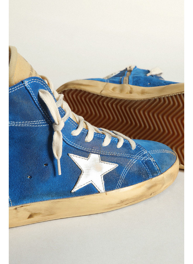 GOLDEN GOOSE FRANCY SUEDE UPPER AND LIST FOAM TOUNGUE LAMINATED STAR AND LIST STITCHINGS BLUE/YELLOW/SILVER