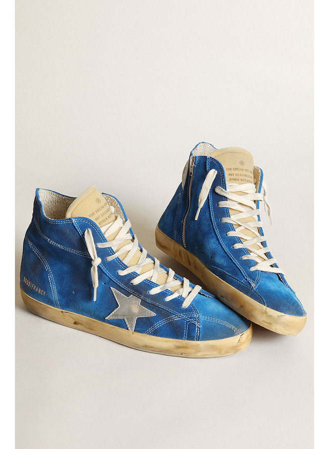 GOLDEN GOOSE FRANCY SUEDE UPPER AND LIST FOAM TOUNGUE LAMINATED STAR AND LIST STITCHINGS BLUE/YELLOW/SILVER